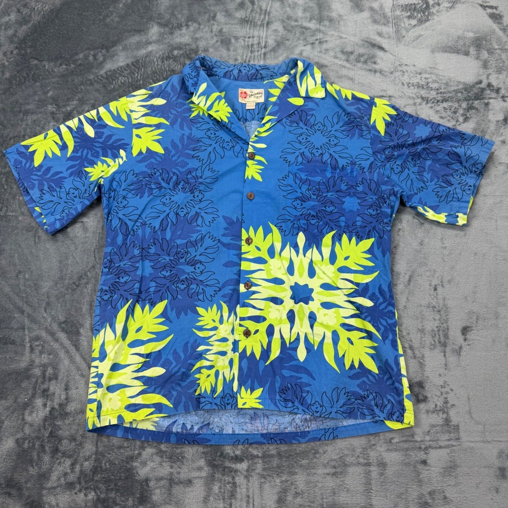 Hilo Hattie Mens Blue Lime Green Cotton Hawaiian‎ Shirt Large Made in Hawaii L